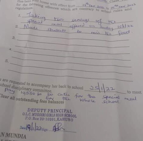 An image of a suspension letter by Mugoiri High School.