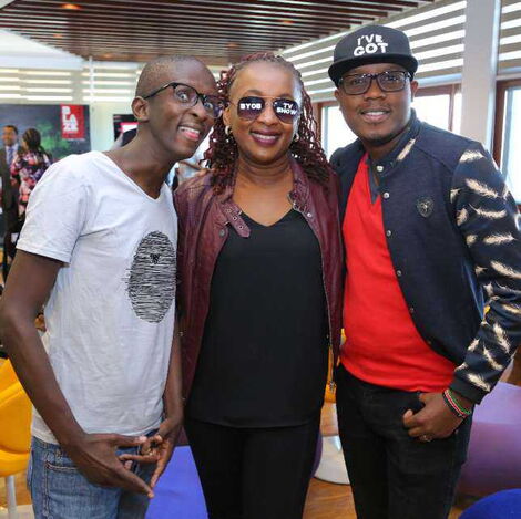 From Left: Safaricom COO Sylvia Mulinge, Actors Njuguna and Alfred Mutua at a past Safaricom event