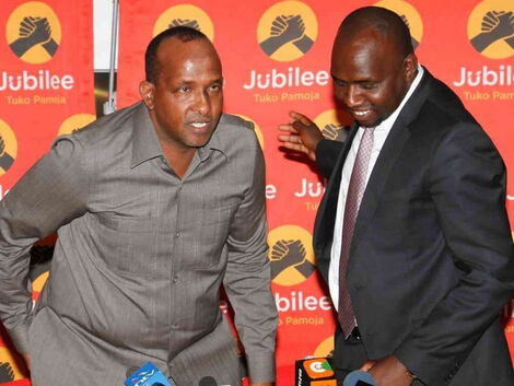 National Assembly Majority Leader Aden Duale (left) and Senate Majority Leader Kipchumba Murkomen during a past function at Jubilee party headquarters