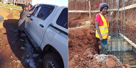 A photo collage of Agnes Nkanya washing a car(left) and her working in a construction site (right)
