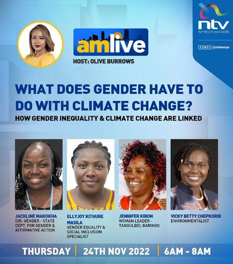 A poster of NTV's AM Live show featuring a panel and theme titled: What Does Gender Have to do with Climate Change
