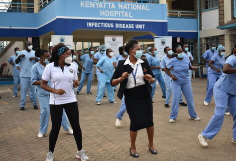 Nurses at the KNH IDU Unit based at Mbagathi participating in a Zumba class on 28th May 2020.