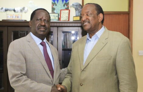 Former Cabinet Minister Joe Nyagah (right) with ODM leader Raila Odinga at Capital Hill offices in 2018.