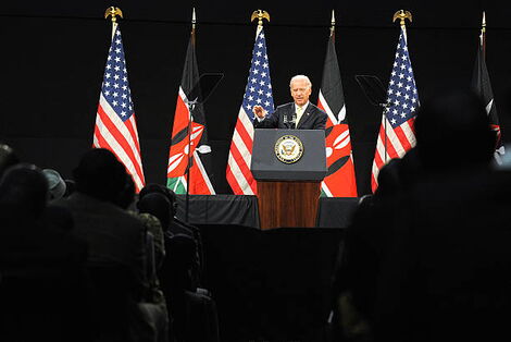 US President-elect Joe Biden addressing a public forum at the Kenyatta International Conference Center (KICC) in Nairobi on June 9, 2010. 