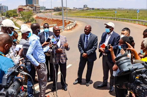 Transport CS James Macharia speaking at the Southern bypass on March 5, 2021.