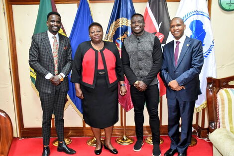Kenya's sensational sprinter Ferdinand Omanyala visits Inspector General of Police Hillary Mutyambai's office along Jogoo road on Friday, December 3.