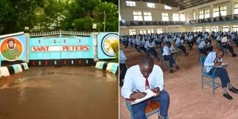 A collage image of the gate to St. Peters Mumias High School (left) and students sitting their exams in the school hall (right).