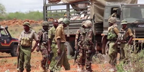 An image of armed police officers at a past operation in Mandera County.