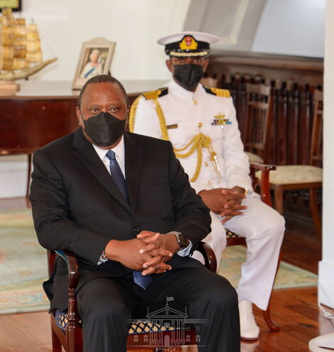 President Uhuru Kenyatta awarded by Governor of Barbados Dame Sandra Mason at Government House in Bridgetown.