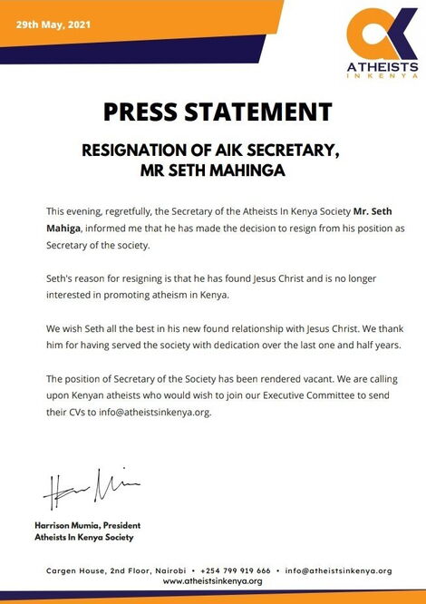 A Press statement By The Atheists In Kenya Society Released on May, 29,2021