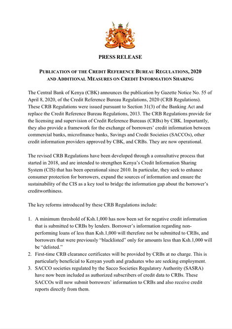 The press release by Central Bank of Kenya on April 14, 2020.