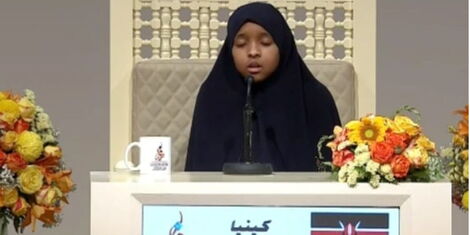 Munira Abdifatah Abdi recites during the 2022 Quran recitation champion held in Dubai on October 12, 2022.