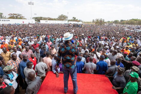 Raila Odinga adressing residents of Kisumu Town on February 18, 2023.