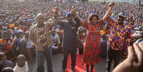 From left: Makueni Governor Kivutha Kibwana, Wiper party leader Kalonzo Musyoka, Kitui Governor Charity Ngilu and Azimio La Umoja presidential aspirant Raila Odinga at a rally in Embakasi, Nairobi on Thursday, June 2, 2022