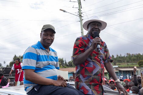 Nakuru Governor Lee Kinyanjui (left) and Azimio la Umoja movement leader Raila Odinga (right) at a rally in Nakuru County on January 23, 2022