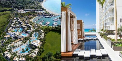 A collage image of Sani Resort, Greece (LEFT) and Alohilani Resort in Hawaii (RIGHT).
