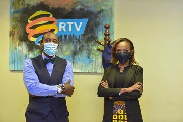 JKLive show host Jeff Koinange and RTV anchor Fiona Mbabazi during an interview on Friday, September 11