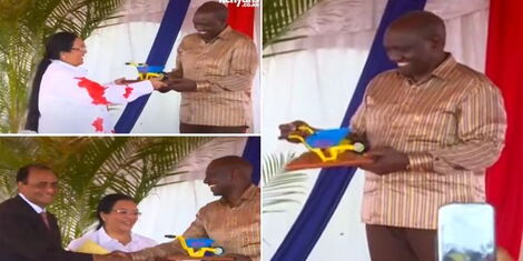 President William Ruto receiving a gift from Billionaire Narendra Naval in Kwale County on November 18, 2022.
