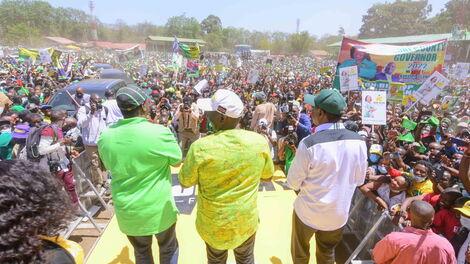 From left: Party leaders Musalia Mudavadi (ANC), William Ruto (UDA) and Moses Wetangula (Ford-Kenya) at a rally in Nakuru County on January 26, 2022