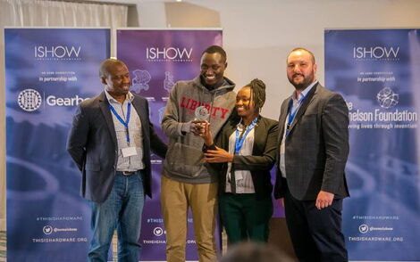 Left: Dr. Kamau Gachigi (Gearbox), Percy Lemtukei and Emmastella Gakuo (Savanna Circuit Tech) and James Creel (ASME ISHOW) during the award ceremony at Nairobi on May 9, 2019.