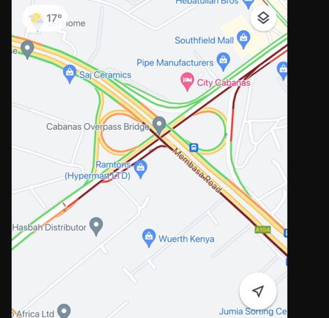 A google map screenshot showing heavy traffic on Mombasa road on Tuesday, May 4