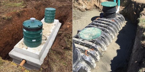 A photo collage of concrete septic tank (left) and a plastic septic tank (right)