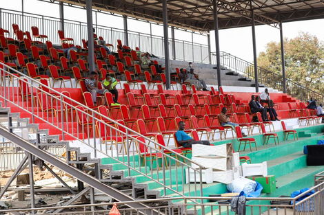 Ongoing preparations of the October 20 Mashujaa day event seating arrangement at the Wang'uru stadium , Kirinyaga county