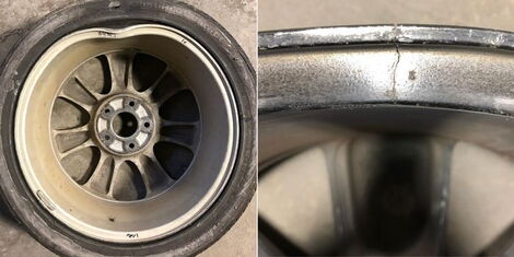 A photo collage of a damaged rim (left) and a cracked alloy rim (right)