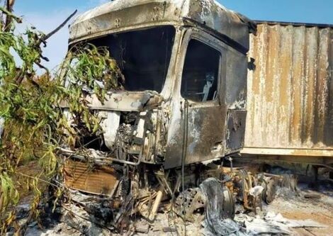 A Kenyan truck that was burnt in South Sudan.