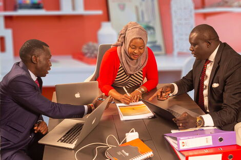 Trevor Ombija and David Osiany during a brainstorming session at Crestwood officers in Kilimani