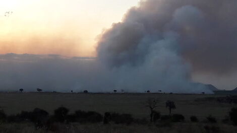 Smoke engulf the sky as a fire rages on at Tsavo East National Park on May 29, 2020.