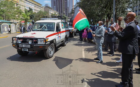 President Uhuru Kenyatta flags of Nairobi Metropolitan Services's ambulances in Nairobi's on Tuesday, June 30, 2020