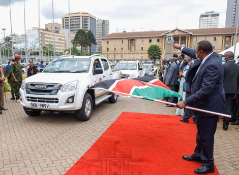 President Uhuru Kenyatta flagging off vehicles at KICC on November 3, 2020.