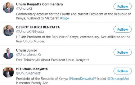 A screenshots of accounts parodying President Uhuru Kenyatta. The President suspended his official social media pages in Mar 2019.