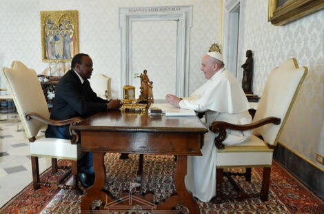 President Uhuru Kenyatta during a meeting with Pope Francis at Vatican on November 6, 2020.