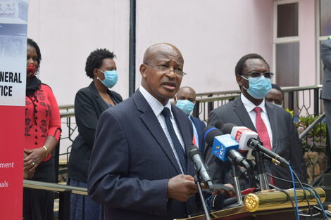 Attorney General Paul Kihara issues a press statement at Sheria House, Nairobi, on Tuesday, June 9, 2020