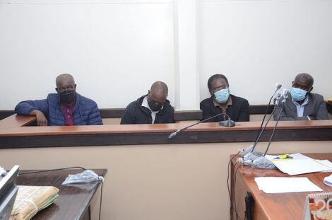 Former NSSF boss Francis Moturi alongside former DSL employees appearing before the court in Nairobi.