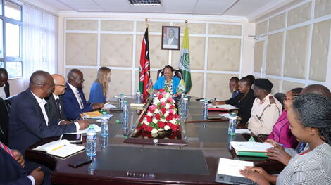 Kirinyanga Governor Anne Waiguru chairs a meeting attended by UK ambassador to Kenya Jane Marriot and other officials in Kirinyaga on Wednesday October 19 2022