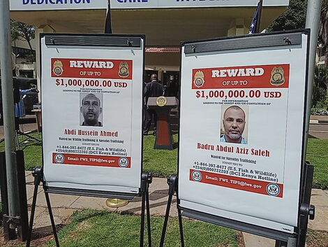 Wanted Kenyans fugitives, Badru Abdul Aziz Saleh and Abdi Hussein Ahmed pictures were displayed at the DCI HQ on Thursday, 26, 2022.