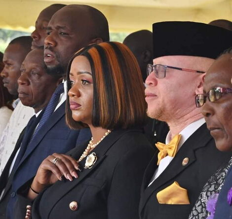 From left: Elgeyo Marakwet Senator Kipchumba Murkomen, Laikipia Woman Rep Cate Waruguru and Nominated Senator Isaac Mwaura, at the funeral service of the Late James Reriani Gachagua, brother to Mathira MP Rigathi Gachagua at Hiriga village, Nyeri County on May 17, 2022