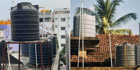 A photo collage of water tanks installed on the rooftops of separate buildings in Nairobi county.