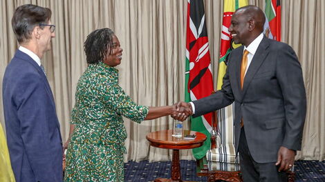 President William Ruto greeting World Bank Regional Vice President for Eastern and Southern Africa Victoria Kwakwa at State House on February 7, 2022.