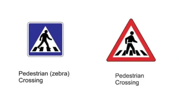 Zebra crossing, pedestrian cross warning traffic road sign in blue