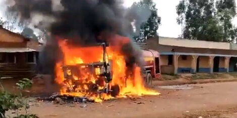 A firetruck on fire in Kakamega on August 15, 2020.