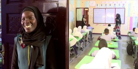 A collage image of Antoninah Anyango, a maths teacher at the Elm school in Somaliland (LEFT), and students during an ongoing class session (RIGHT).