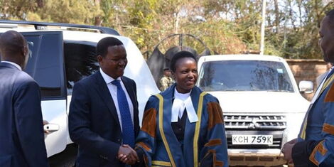 Machakos County Governor Alfred Mutua with the County Speaker Dr Florence Muoti Mwangangi outside the County Assembly in 2019