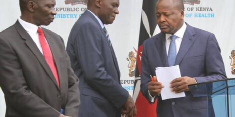 Government Spokesman Cyrus Oguna (left), Acting Ministry of Health Director-General Patrick Amoth (centre) and Health CS Mutahi Kagwe (right) during a press conference at the ministry’s headquarters in Nairobi on March 30, 2020.