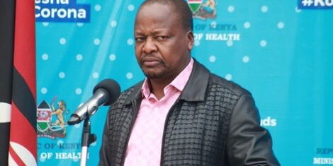 Health Cabinet Secretary Mutahi Kagwe speaking during a presser outside Kenyatta National Hospital, April 2020.
