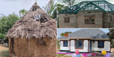 A photo collage of Hellen Daniel's parent's mud house (left) and newly constructed permanent house (left).