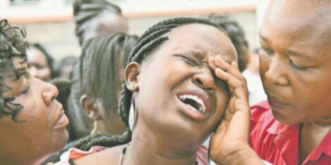 Sergeant Kipyegon Kenei's wife, Judy Chepsoi (centre) at Umash Funeral Home, Nakuru County on Friday, March 6, 2020